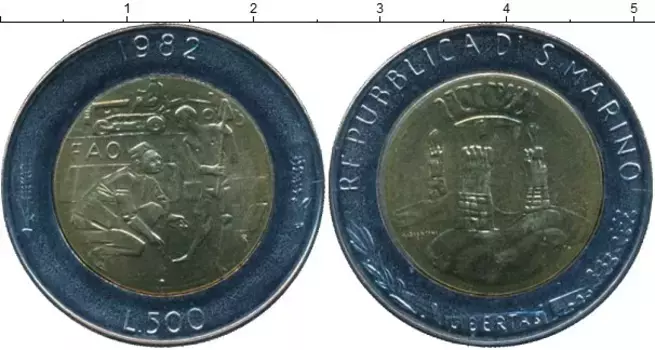Монета 500 лир Сан-Марино 1982 года Биметалл ФАО