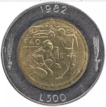 Монета 500 лир Сан-Марино 1982 года Биметалл ФАО
