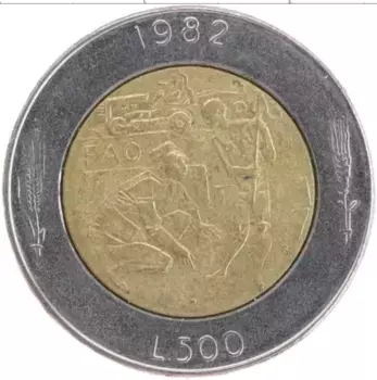 Монета 500 лир Сан-Марино 1982 года Биметалл ФАО