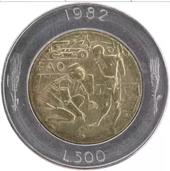 Монета 500 лир Сан-Марино 1982 года Биметалл ФАО