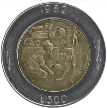 Монета 500 лир Сан-Марино 1982 года Биметалл ФАО