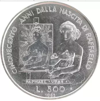 Монета 500 лир Сан-Марино 1983 года Серебро 500 лет со дня рождения Рафаэля Санти
