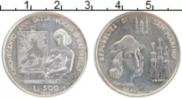 Монета 500 лир Сан-Марино 1983 года Серебро 500 лет со дня рождения Рафаэля Санти