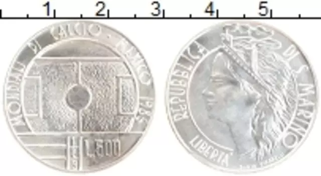 Монета 500 лир Сан-Марино 1986 года Серебро Чемпионат мира по футболу 1986