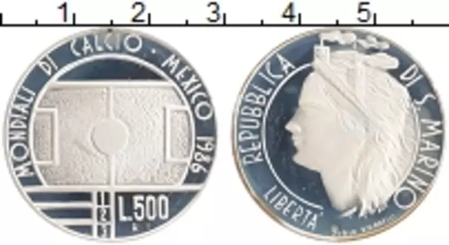 Монета 500 лир Сан-Марино 1986 года Серебро Чемпионат мира по футболу