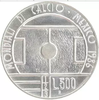 Монета 500 лир Сан-Марино 1986 года Серебро Чемпионат мира по футболу