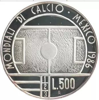 Монета 500 лир Сан-Марино 1986 года Серебро Чемпионат мира по футболу