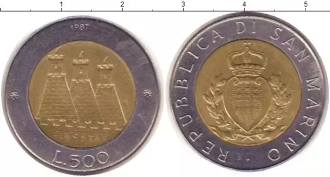 Монета 500 лир Сан-Марино 1987 года Биметалл