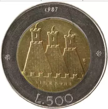 Монета 500 лир Сан-Марино 1987 года Биметалл Свобода