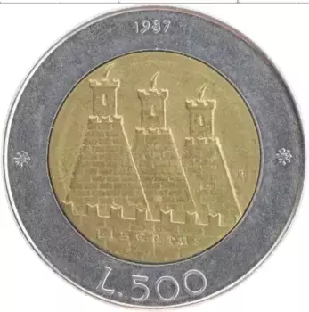 Монета 500 лир Сан-Марино 1987 года Биметалл