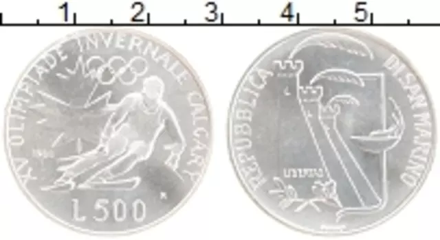 Монета 500 лир Сан-Марино 1988 года Серебро XV Зимние Олимпийские игры в Калгари