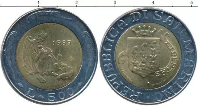 Монета 500 лир Сан-Марино 1989 года Биметалл