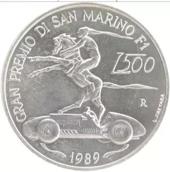 Монета 500 лир Сан-Марино 1989 года Серебро Формула-1