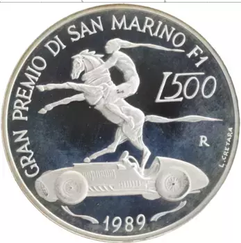 Монета 500 лир Сан-Марино 1989 года Серебро Гран-при Сан-Марино