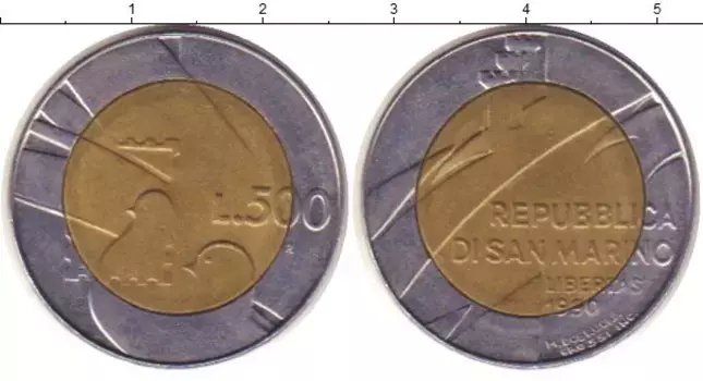 Монета 500 лир Сан-Марино 1990 года Биметалл голубь
