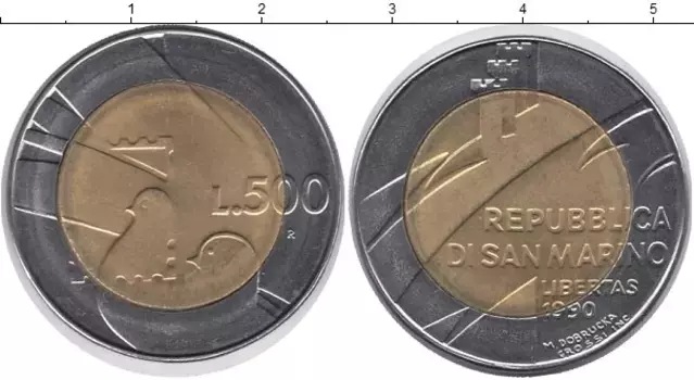 Монета 500 лир Сан-Марино 1990 года Биметалл Свобода