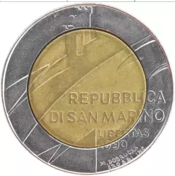 Монета 500 лир Сан-Марино 1990 года Биметалл Голубь