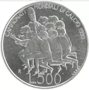 Монета 500 лир Сан-Марино 1990 года Серебро Чемпионат мира по футболу 90