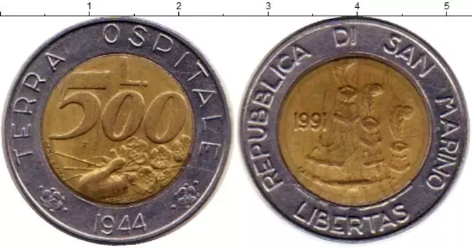 Монета 500 лир Сан-Марино 1991 года Биметалл Цветы
