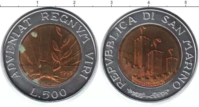 Монета 500 лир Сан-Марино 1993 года Биметалл Свобода
