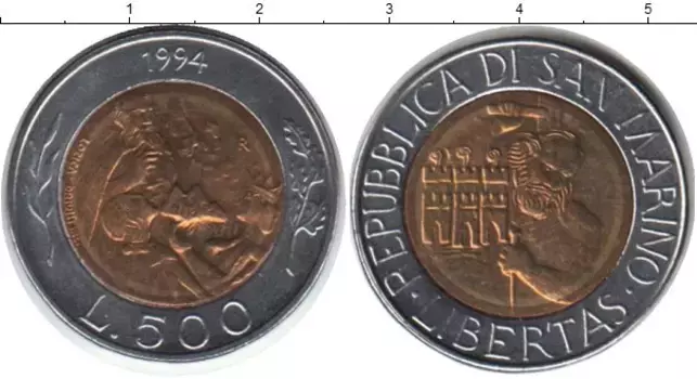 Монета 500 лир Сан-Марино 1994 года Биметалл
