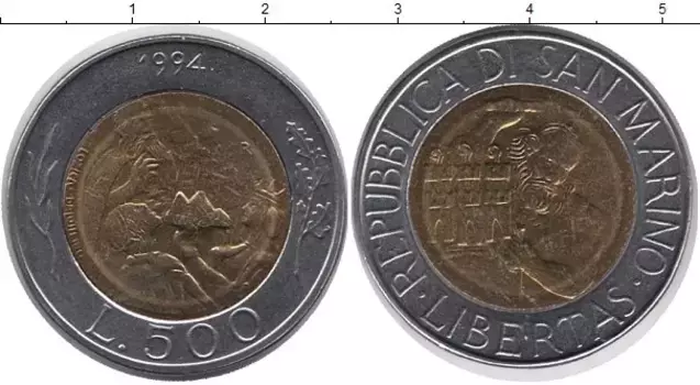 Монета 500 лир Сан-Марино 1994 года Биметалл