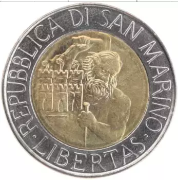 Монета 500 лир Сан-Марино 1994 года Биметалл Каменотёс
