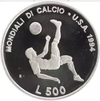 Монета 500 лир Сан-Марино 1994 года Серебро Чемпионат мира по футболу