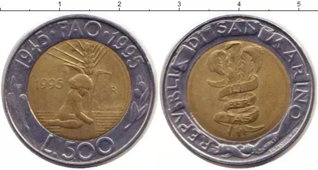 Монета 500 лир Сан-Марино 1995 года Биметалл 50 лет ФАО