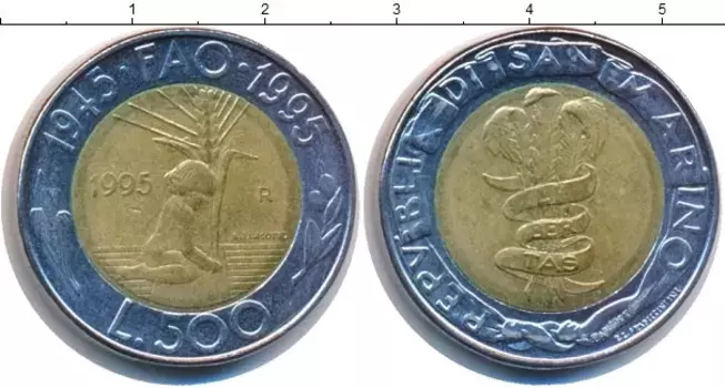Монета 500 лир Сан-Марино 1995 года Биметалл ФАО