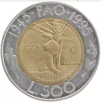 Монета 500 лир Сан-Марино 1995 года Биметалл 50 - летие ФАО