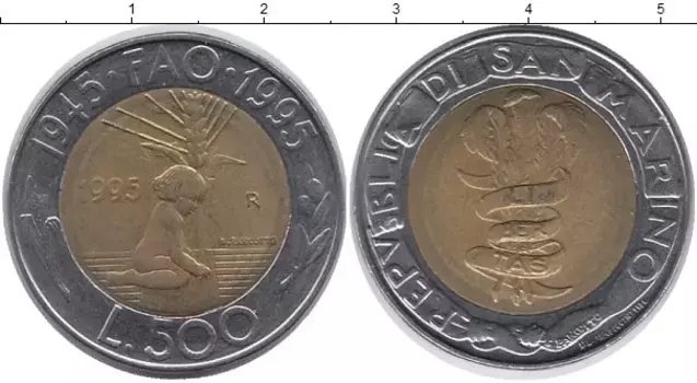 Монета 500 лир Сан-Марино 1995 года Биметалл 50 лет ФАО