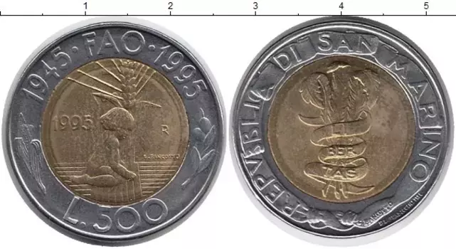Монета 500 лир Сан-Марино 1995 года Биметалл ФАО