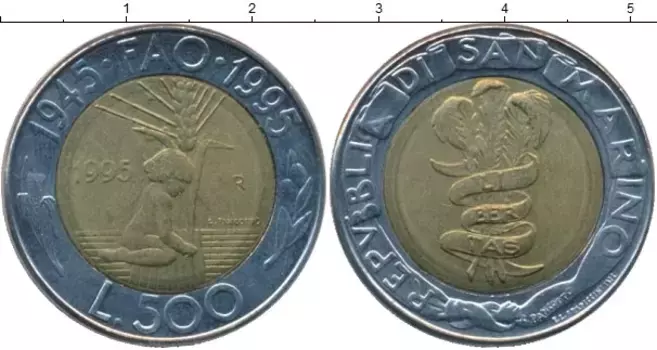 Монета 500 лир Сан-Марино 1995 года Биметалл
