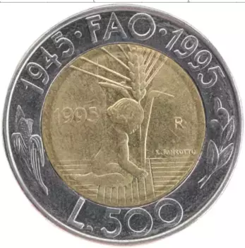 Монета 500 лир Сан-Марино 1995 года Биметалл 50 лет ФАО