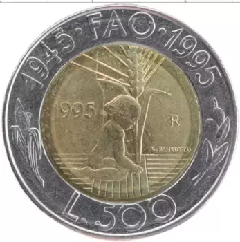 Монета 500 лир Сан-Марино 1995 года Биметалл 50 лет ФАО