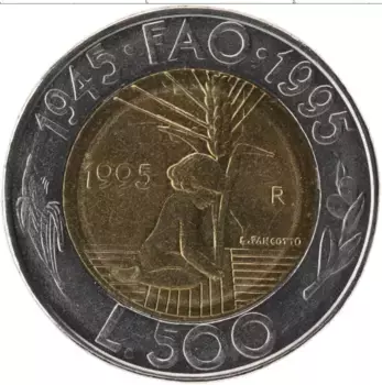 Монета 500 лир Сан-Марино 1995 года Биметалл 50 лет ФАО