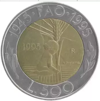 Монета 500 лир Сан-Марино 1995 года Биметалл 50 лет ФАО