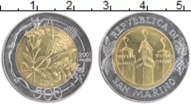 Монета 500 лир Сан-Марино 2001 года Биметалл 1700 лет независимости