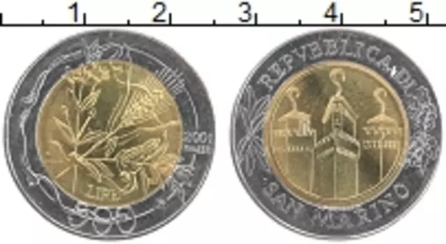 Монета 500 лир Сан-Марино 2001 года Биметалл 1700 лет основания Сан-Марино