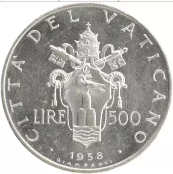 Монета 500 лир Ватикана 1958 года Серебро Пий XII