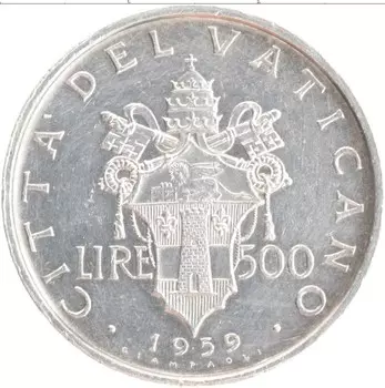 Монета 500 лир Ватикана 1959 года Серебро Иоанн XXIII