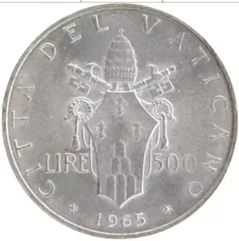 Монета 500 лир Ватикана 1965 года Серебро Павел VI