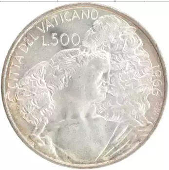 Монета 500 лир Ватикана 1966 года Серебро Павел VI