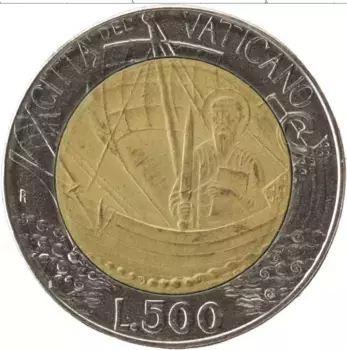 Монета 500 лир Ватикана 1985 года Биметалл Иоанн Павел II