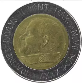 Монета 500 лир Ватикана 1985 года Биметалл Иоанн Павел II