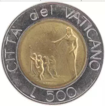Монета 500 лир Ватикана 1991 года Биметалл Иоанн Павел II