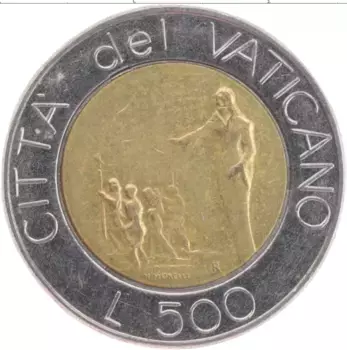 Монета 500 лир Ватикана 1991 года Биметалл Иоанн Павел II