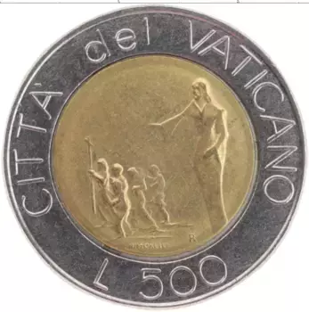 Монета 500 лир Ватикана 1991 года Биметалл Иоанн Павел II