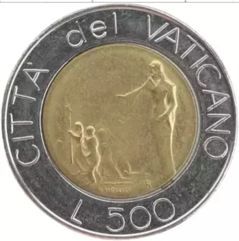 Монета 500 лир Ватикана 1991 года Биметалл Иоанн Павел II